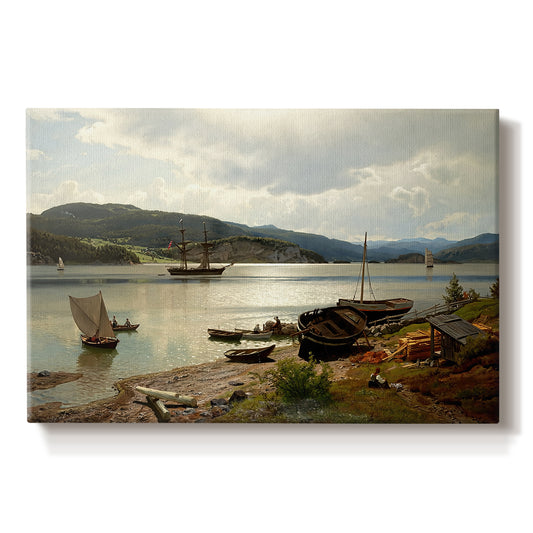 Canvas art print portraying figures and boats gathered along shoreline in calm coastal setting, set against a white background