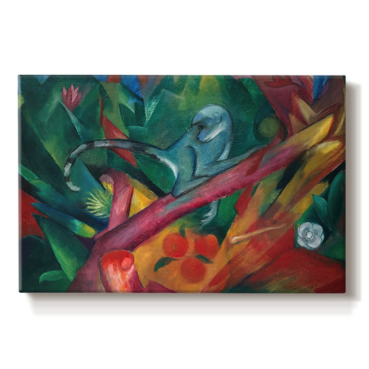 Canvas art print portraying a stylized monkey rendered in bold colors and abstract shapes, set against a white background
