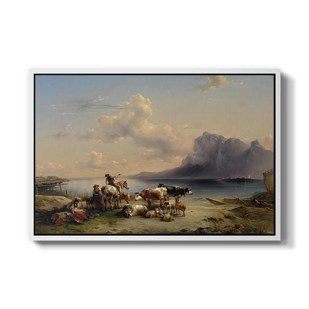 Shepherds and Cattle on Lake Attersee, 1852 - Floater Framed Canvas Print