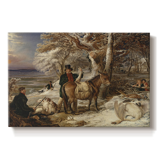 Canvas art print portraying a group of hunters and dogs gathered after hunt in countryside, set against a white background