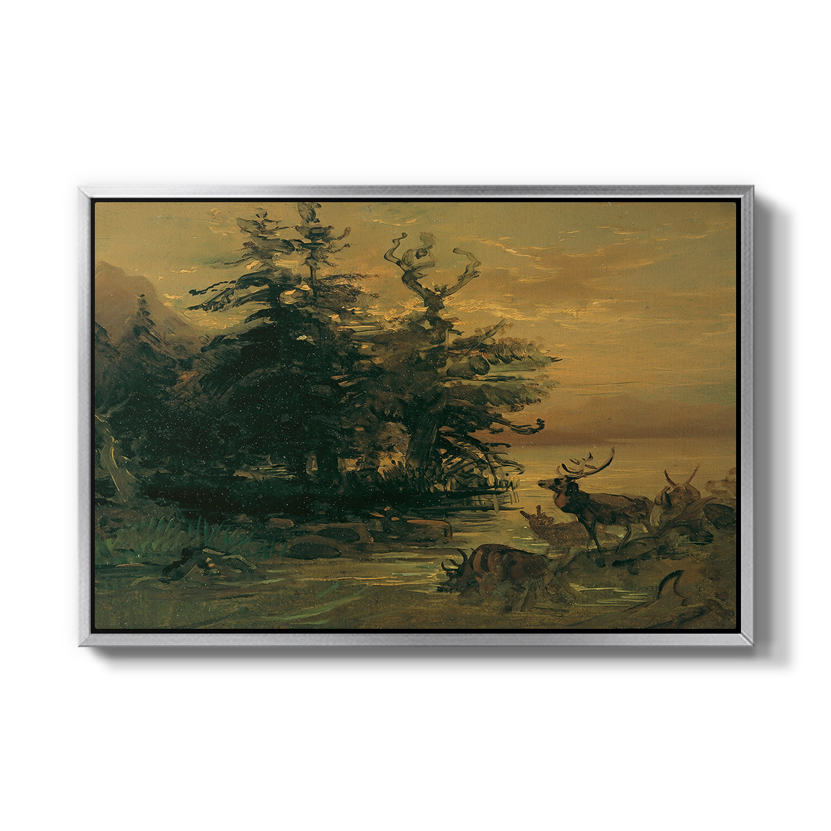 Wallowing Deer on the Shore of a Mountain Lake, c. 1850 - Floater Framed Canvas Print