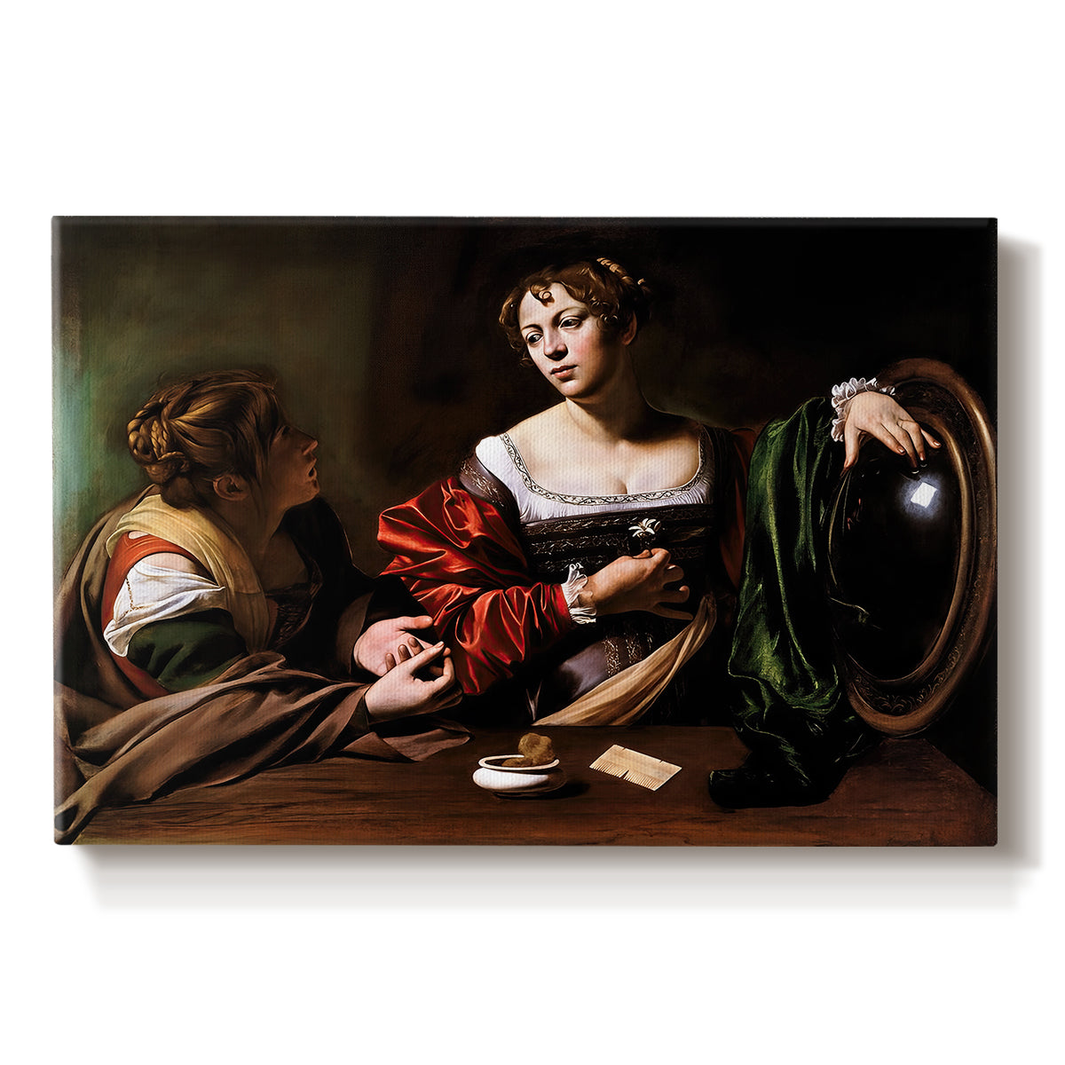 Canvas art print portraying a two women seated together in conversation with symbolic objects on table, set against a white background