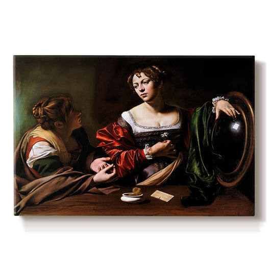 Canvas art print portraying a two women seated together in conversation with symbolic objects on table, set against a white background