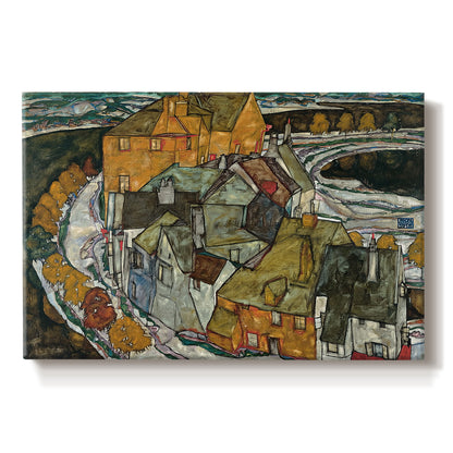 Canvas art print portraying a curved row of colorful houses forming crescent shape along water, set against a white background