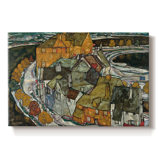 Canvas art print portraying a curved row of colorful houses forming crescent shape along water, set against a white background