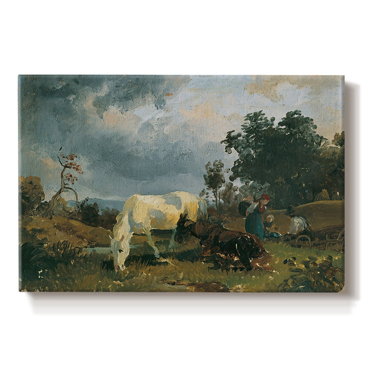 Canvas art print portraying grazing livestock resting in open heath landscape, set against a white background