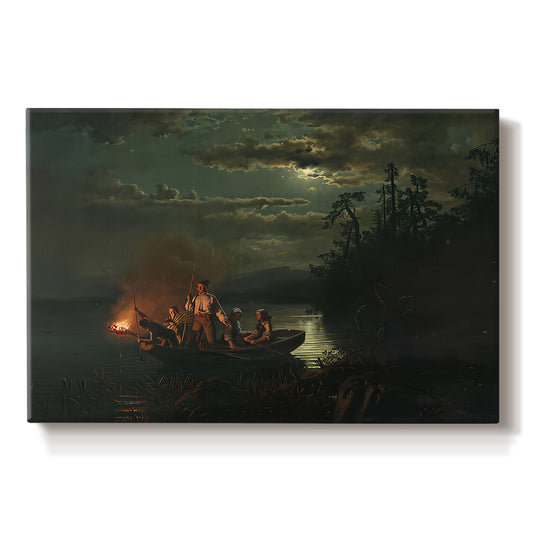 Canvas art print portraying figures fishing with spears from boat on calm lake at dusk, set against a white background