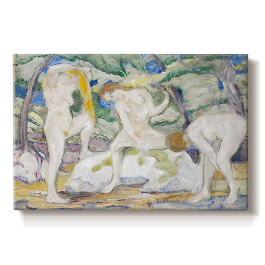 Canvas art print portraying abstracted figures of women bathing in colorful, fragmented landscape, set against a white background