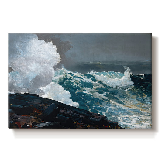 Canvas art print portraying powerful waves crashing against rocky coast under stormy sky, set against a white background