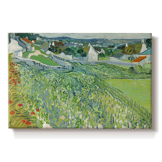 Canvas art print portraying a cultivated vineyard rows stretching across landscape with distant horizon, set against a white background