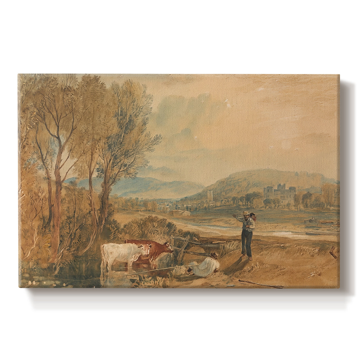 Canvas art print portraying a castle surrounded by open landscape under sky, set against a white background