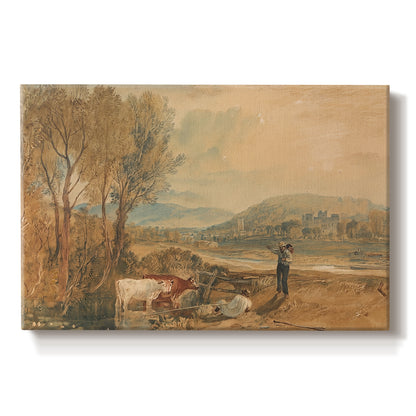 Canvas art print portraying a castle surrounded by open landscape under sky, set against a white background