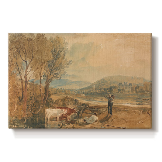 Canvas art print portraying a castle surrounded by open landscape under sky, set against a white background