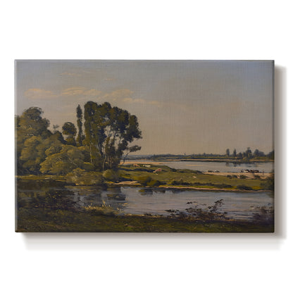 Canvas art print portraying a calm river winding through countryside with trees and open sky, set against a white background