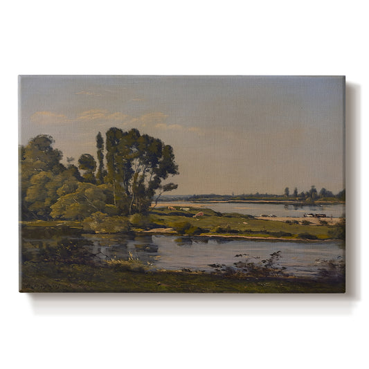Canvas art print portraying a calm river winding through countryside with trees and open sky, set against a white background