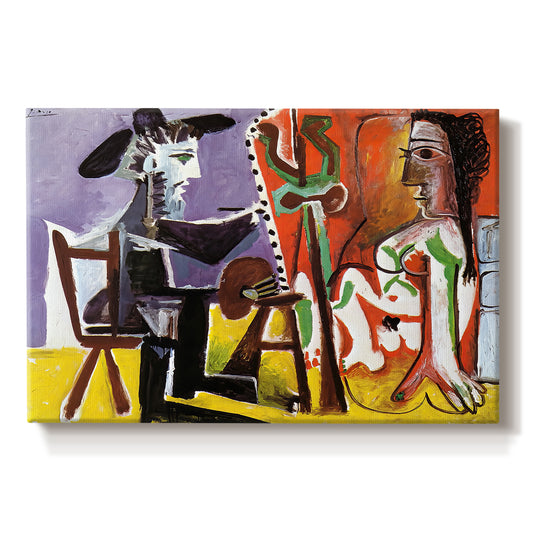 Canvas art print portraying an artist and model in interior using fragmented geometric forms, set against a white background