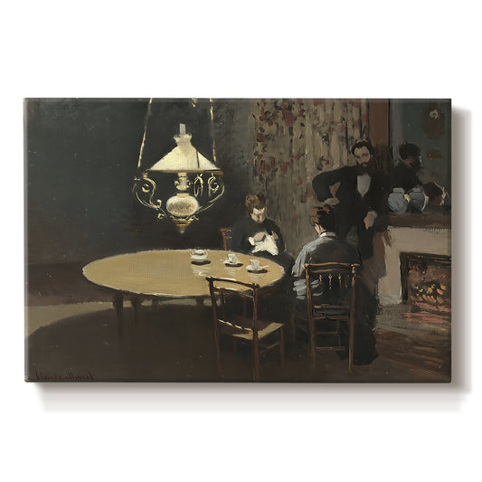 Canvas art print portraying a dimly lit interior with table setting and figure seated after meal, set against a white background