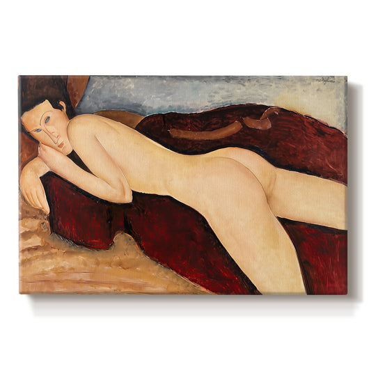 Canvas art print portraying a nude woman reclining on her stomach viewed from behind with elongated back, set against a white background
