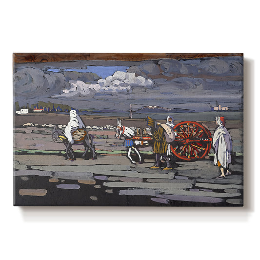 Canvas art print portraying a rural road scene with figures and landscape rendered in bold color and simplified forms, set against a white background