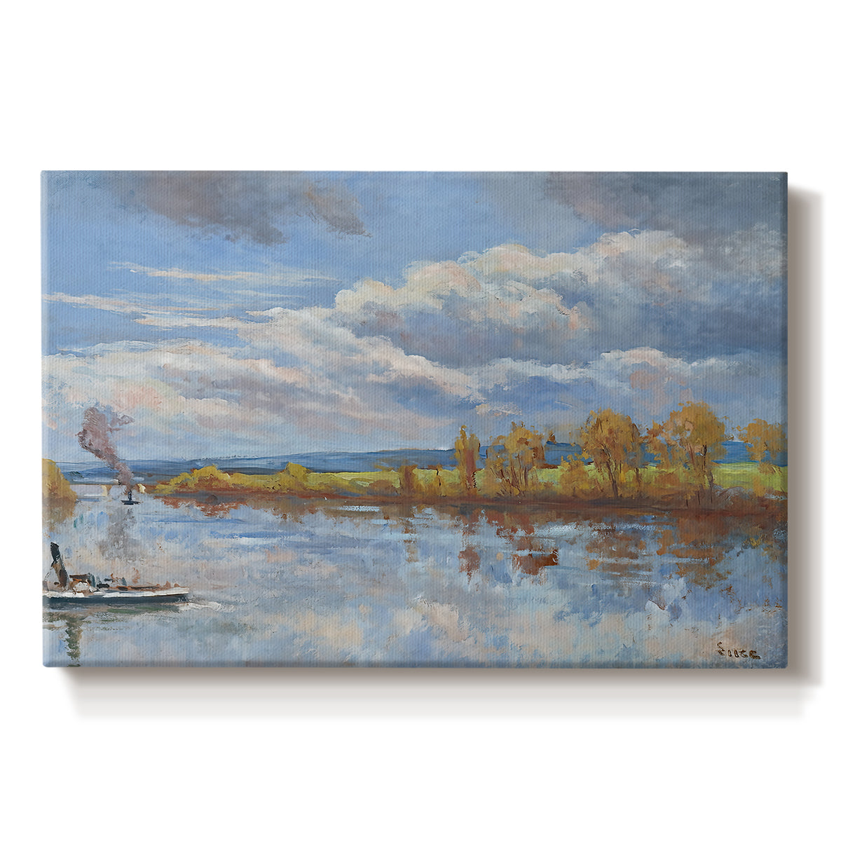 Canvas art print portraying a riverside landscape with water trees and distant structures, set against a white background