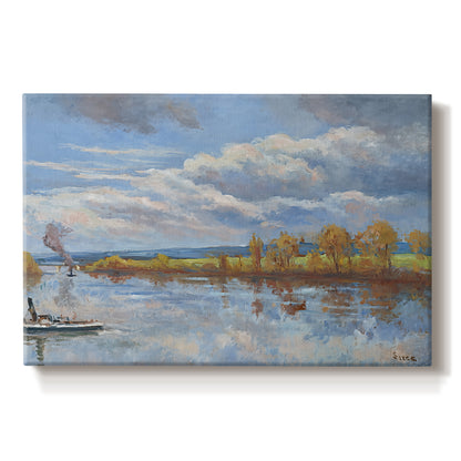 Canvas art print portraying a riverside landscape with water trees and distant structures, set against a white background