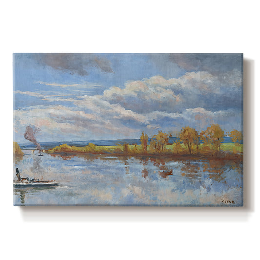 Canvas art print portraying a riverside landscape with water trees and distant structures, set against a white background