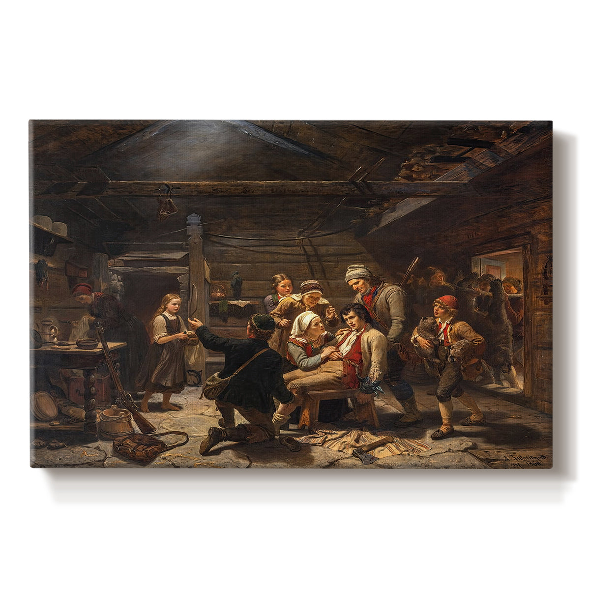 Canvas art print portraying villagers welcoming returning bear hunter surrounded by people in rustic interior, set against a white background