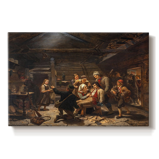 Canvas art print portraying villagers welcoming returning bear hunter surrounded by people in rustic interior, set against a white background