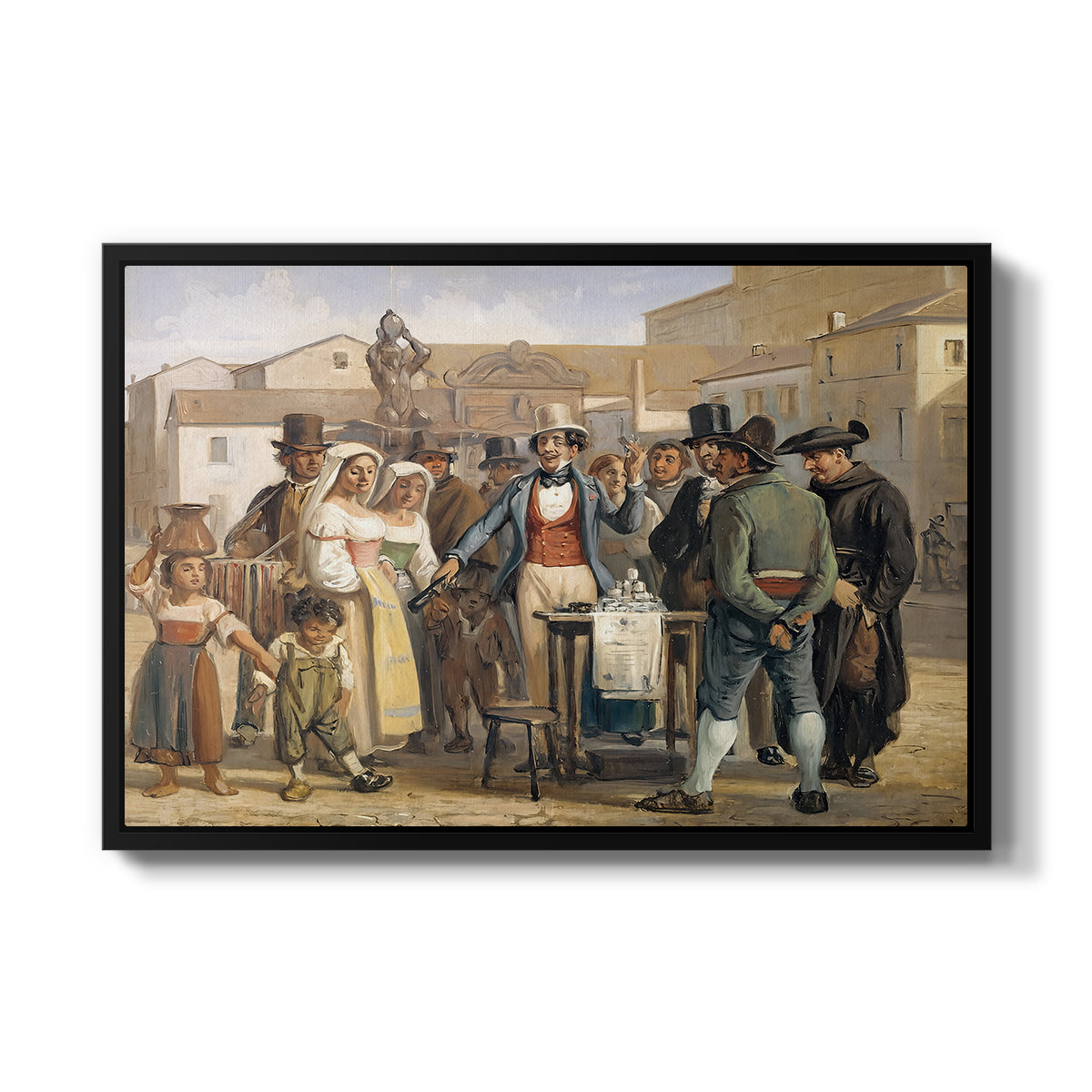 A Charlatan Selling Blacking in the Piazza Barberini in Rome, c. 1840-1849 - Floater Framed Canvas Print