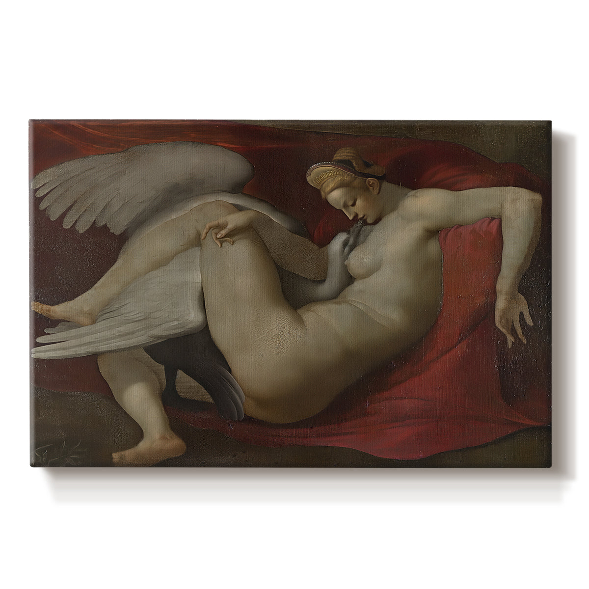 Canvas art print portraying a reclining female figure interacting with swan in mythological setting, set against a white background