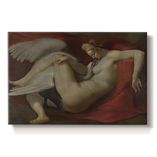 Canvas art print portraying a reclining female figure interacting with swan in mythological setting, set against a white background