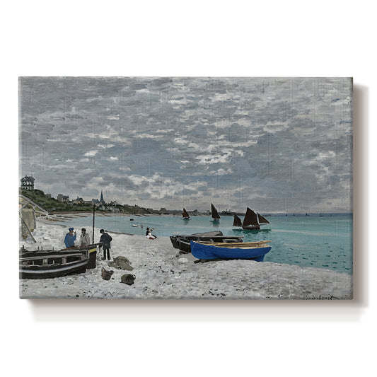 Canvas art print portraying a seaside promenade with figures, flags, and boats along the coast, set against a white background
