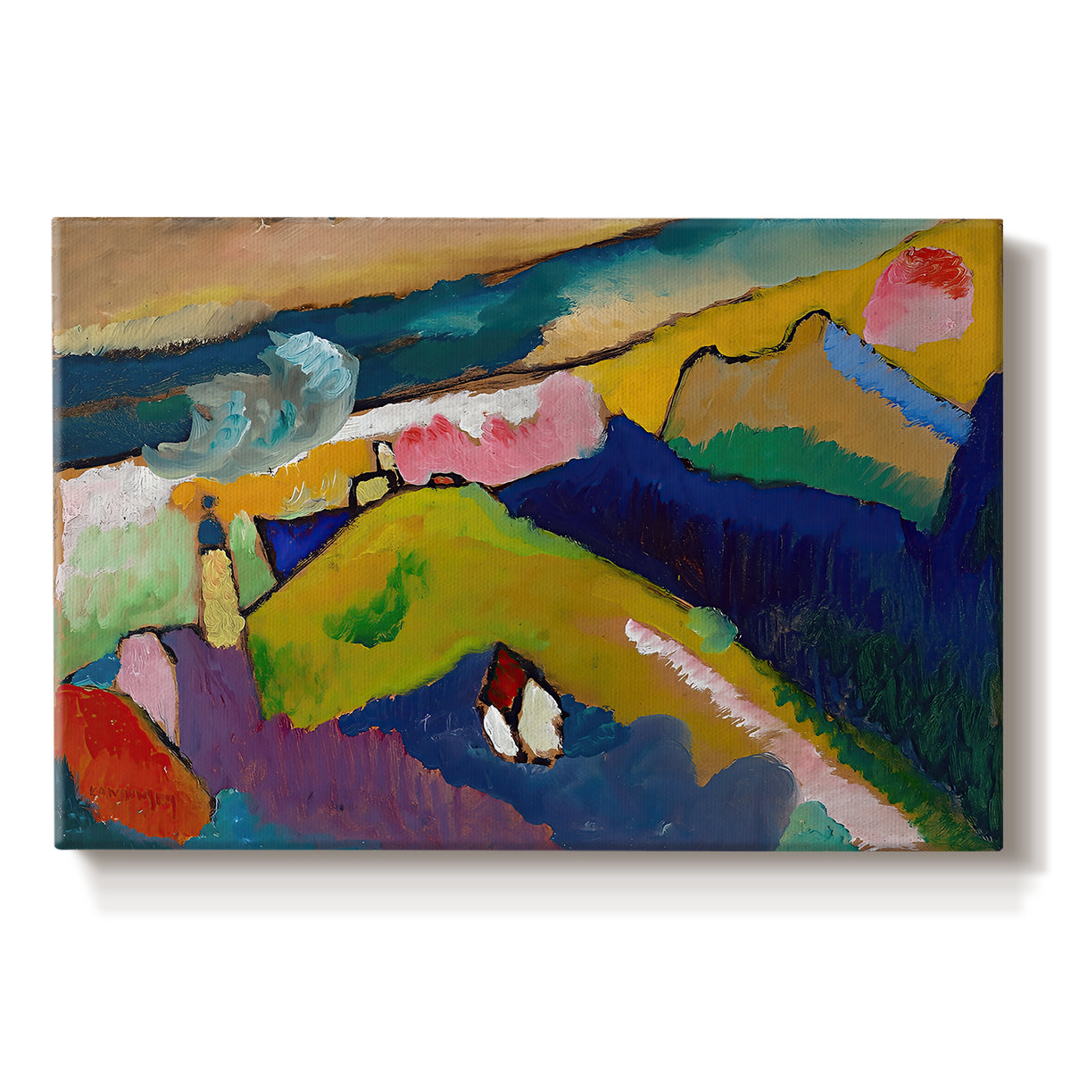 Canvas art print portraying a simplified mountain village scene with church and surrounding hills in bold color, set against a white background