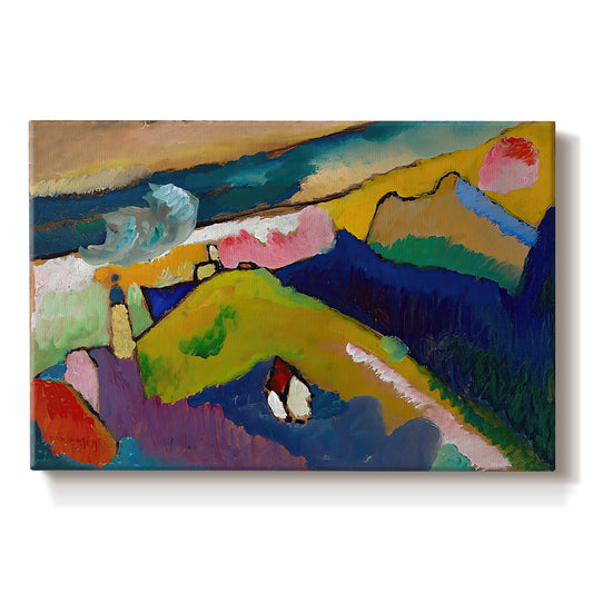 Canvas art print portraying a simplified mountain village scene with church and surrounding hills in bold color, set against a white background