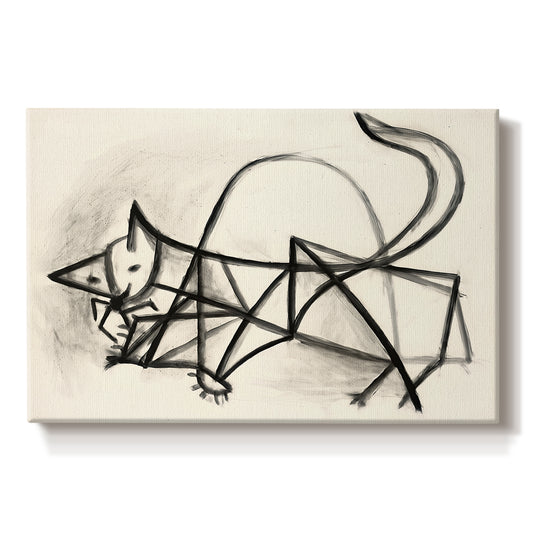 Canvas art print portraying a simplified line drawing of cat using loose strokes, set against a white background