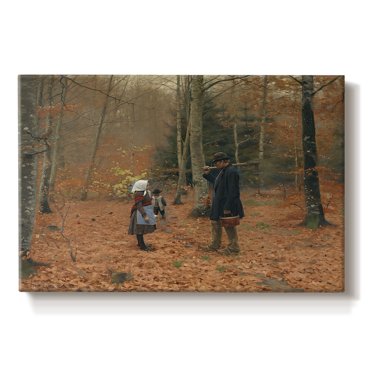 Canvas art print portraying a man and children walking together through forest carrying tools, set against a white background