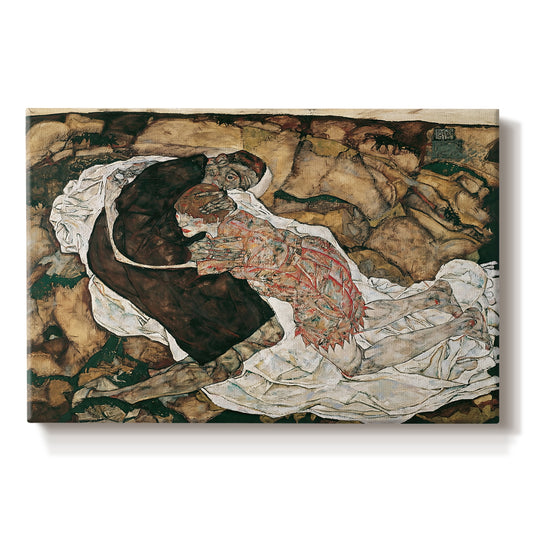 Canvas art print portraying intertwined figures representing death and woman in emotional embrace, set against a white background