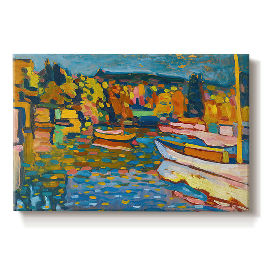 Canvas art print portraying a semi-abstract landscape with boats and shoreline suggested through bold color areas, set against a white background