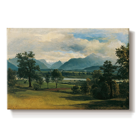Canvas art print portraying a village landscape and countryside under wide sky, set against a white background