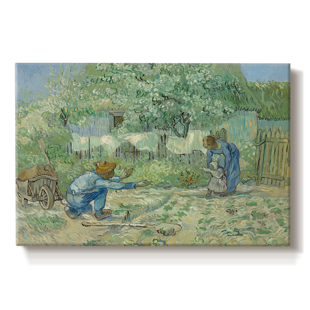 Canvas art print portraying a rural family scene with child taking first steps between adults outdoors, set against a white background