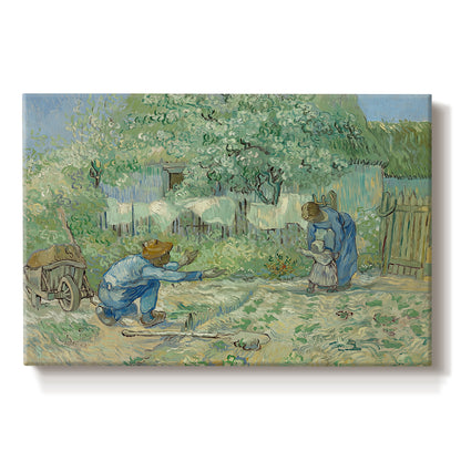 Canvas art print portraying a rural family scene with child taking first steps between adults outdoors, set against a white background
