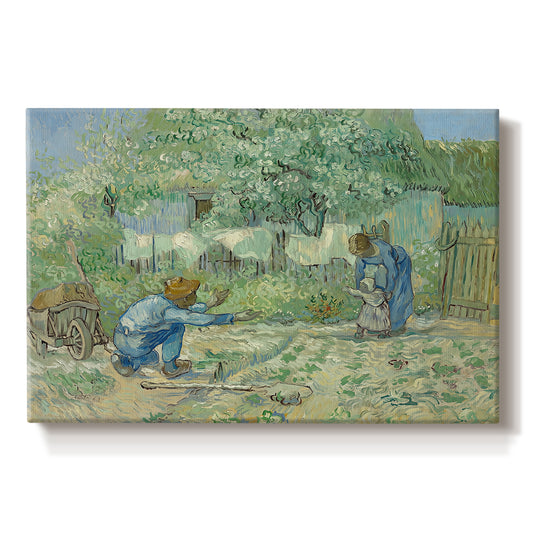 Canvas art print portraying a rural family scene with child taking first steps between adults outdoors, set against a white background