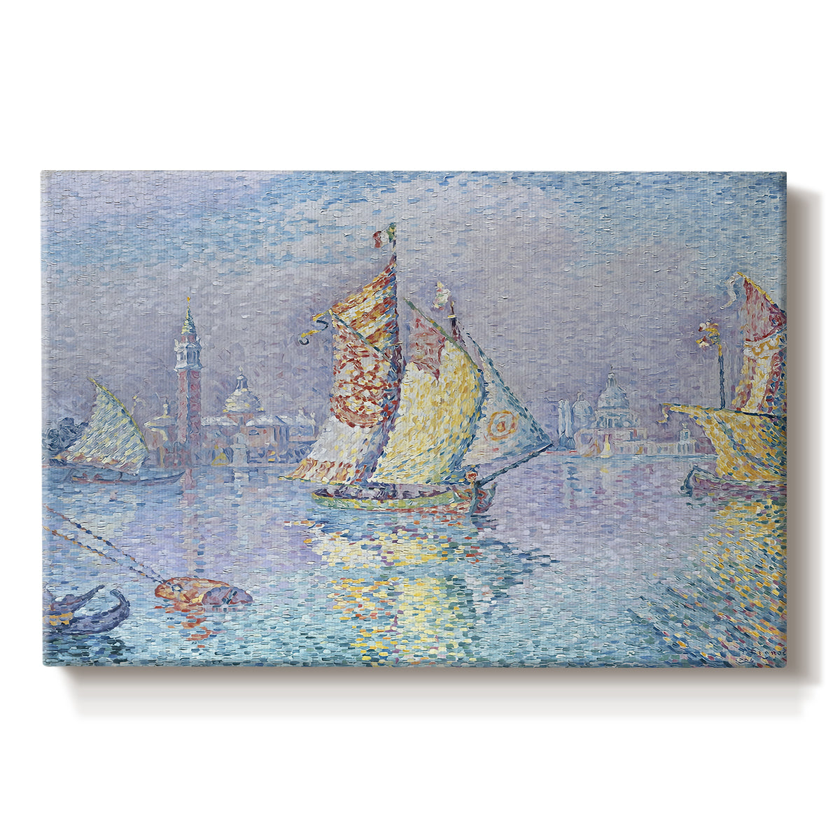 Canvas art print portraying a boat with yellow sail on water, set against a white background