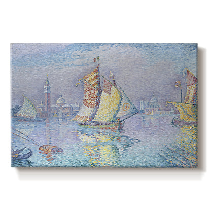 Canvas art print portraying a boat with yellow sail on water, set against a white background