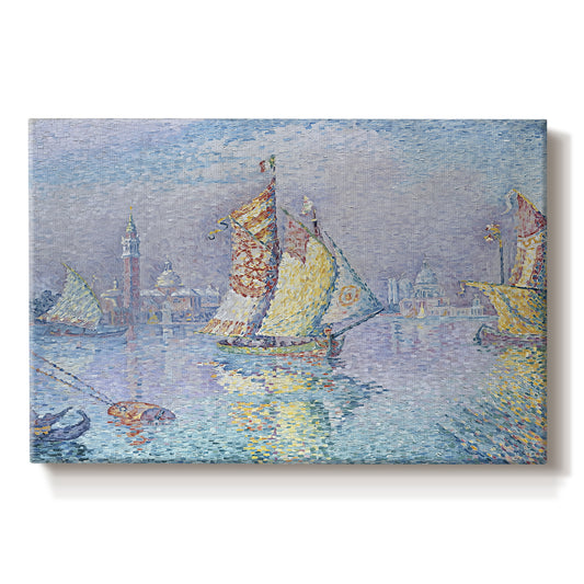 Canvas art print portraying a boat with yellow sail on water, set against a white background
