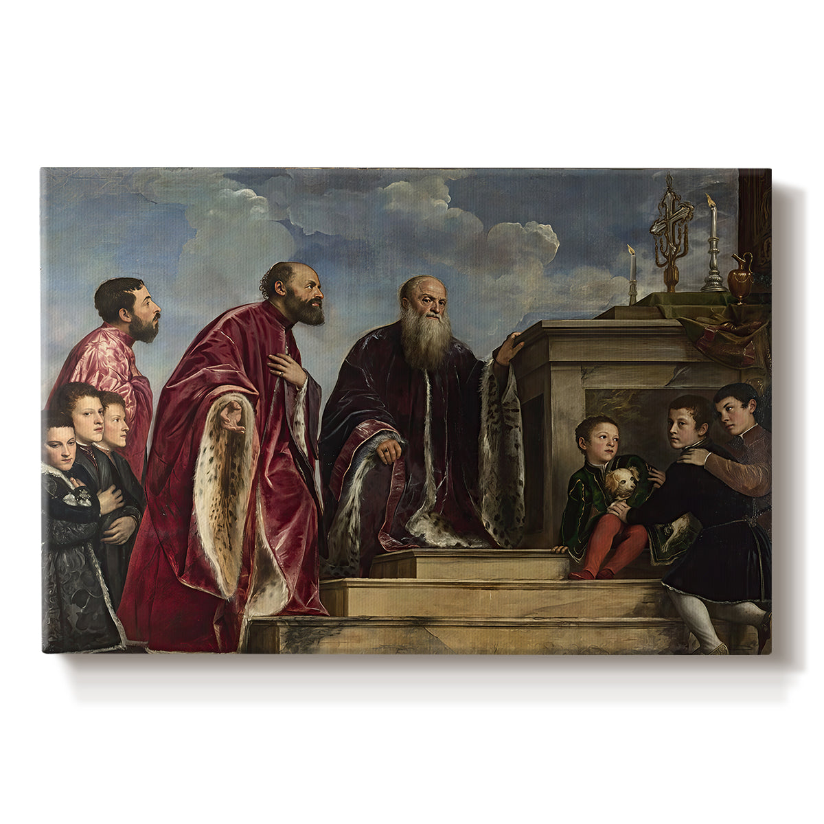 Canvas art print portraying a family group standing in reverent pose before sacred relic in formal interior, set against a white background