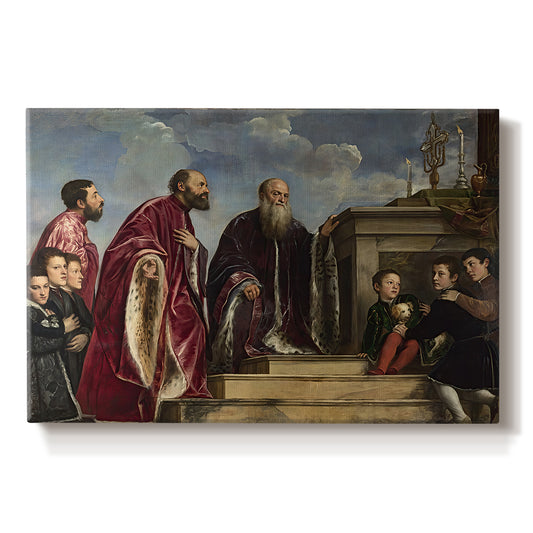 Canvas art print portraying a family group standing in reverent pose before sacred relic in formal interior, set against a white background