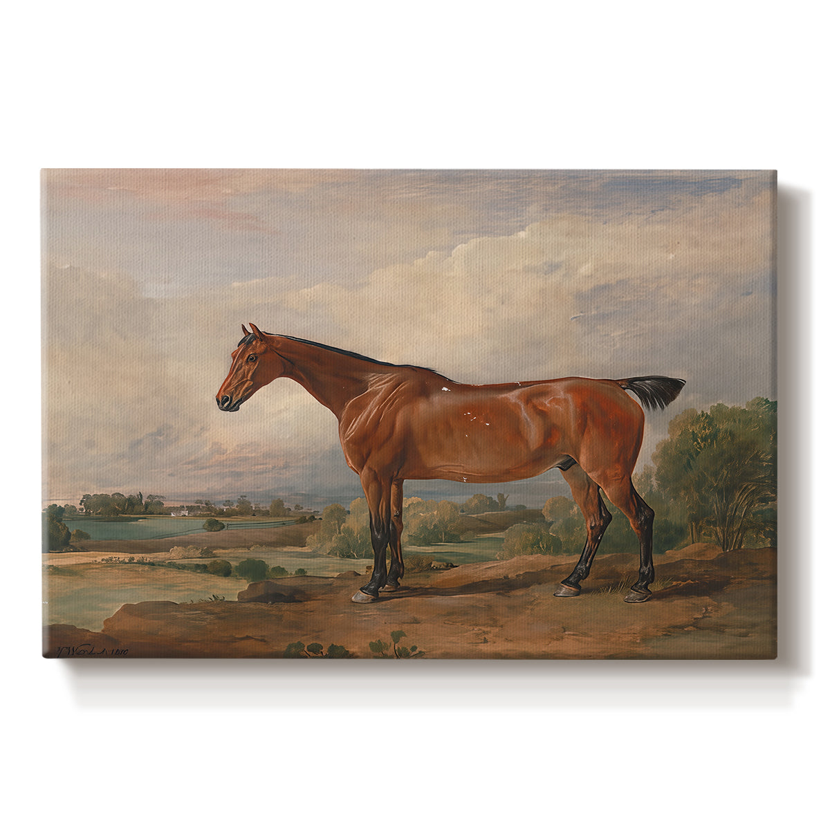 Canvas art print portraying a mounted hunter with dog in open rural landscape, set against a white background