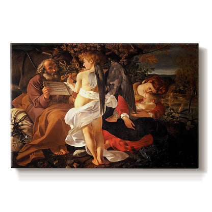 Canvas art print portraying the Holy Family resting in landscape with angel playing violin, set against a white background