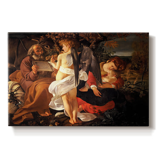 Canvas art print portraying the Holy Family resting in landscape with angel playing violin, set against a white background